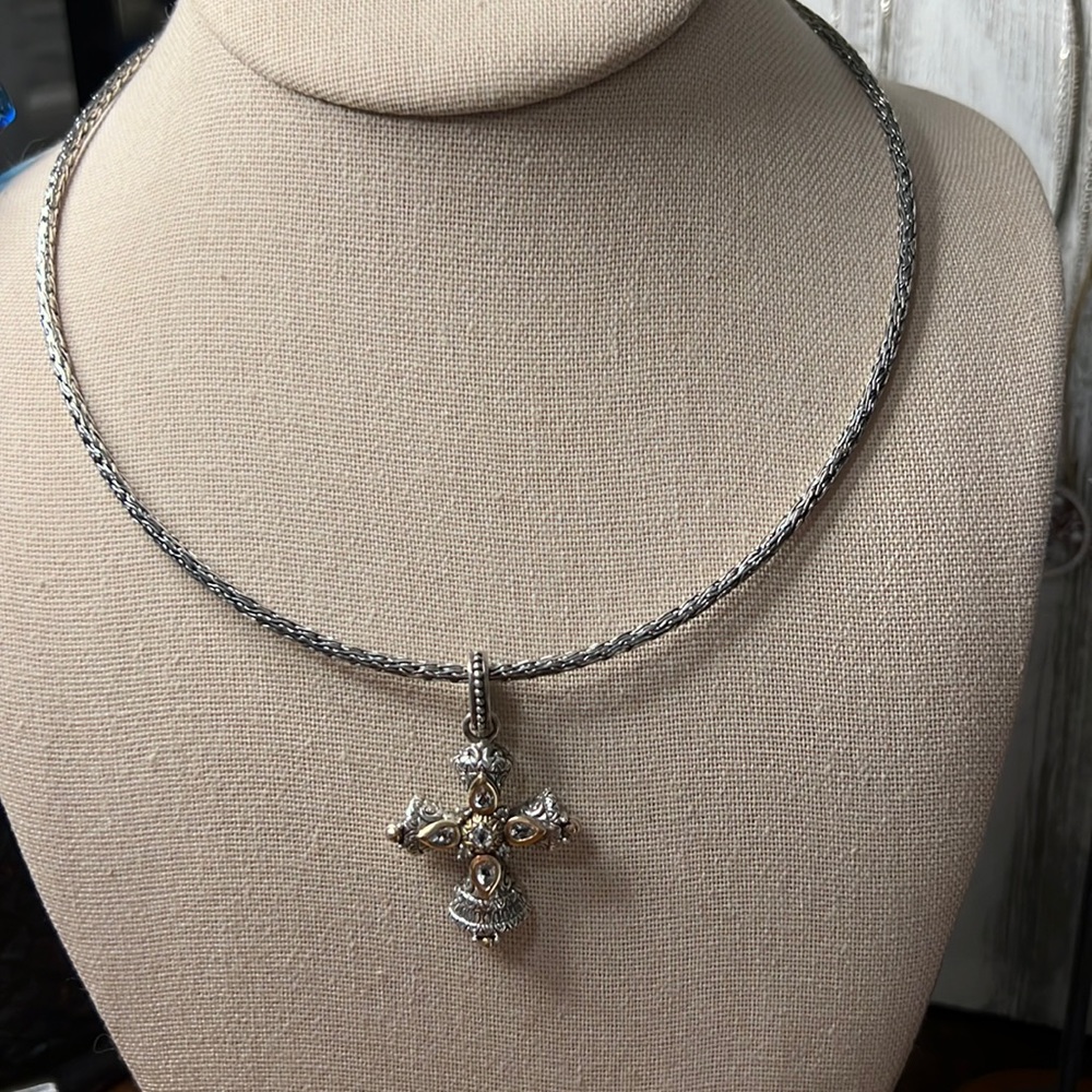 Barbara Bixby 18k Yellow Gold .925 Silver White Topaz Cross Pendant 1.75”